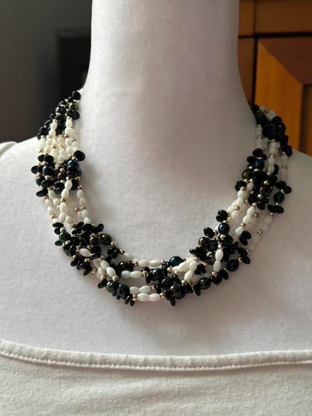 Vintage Black and White Chunky Torsade Beaded Necklace with Gold Toned Clasp